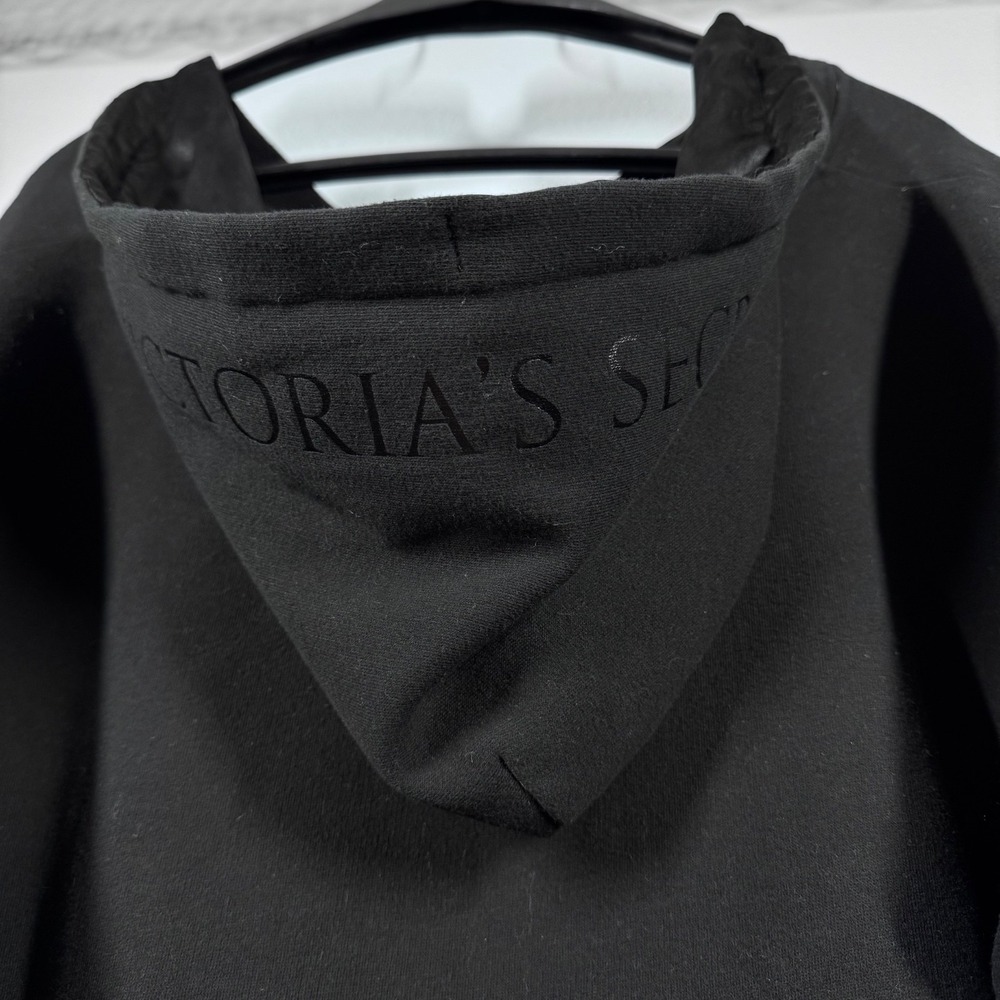 Victorias Secret Womens Black Satin Trim Cropped V-Neck Hoodie Sweatshirt XL - Picture 12 of 13